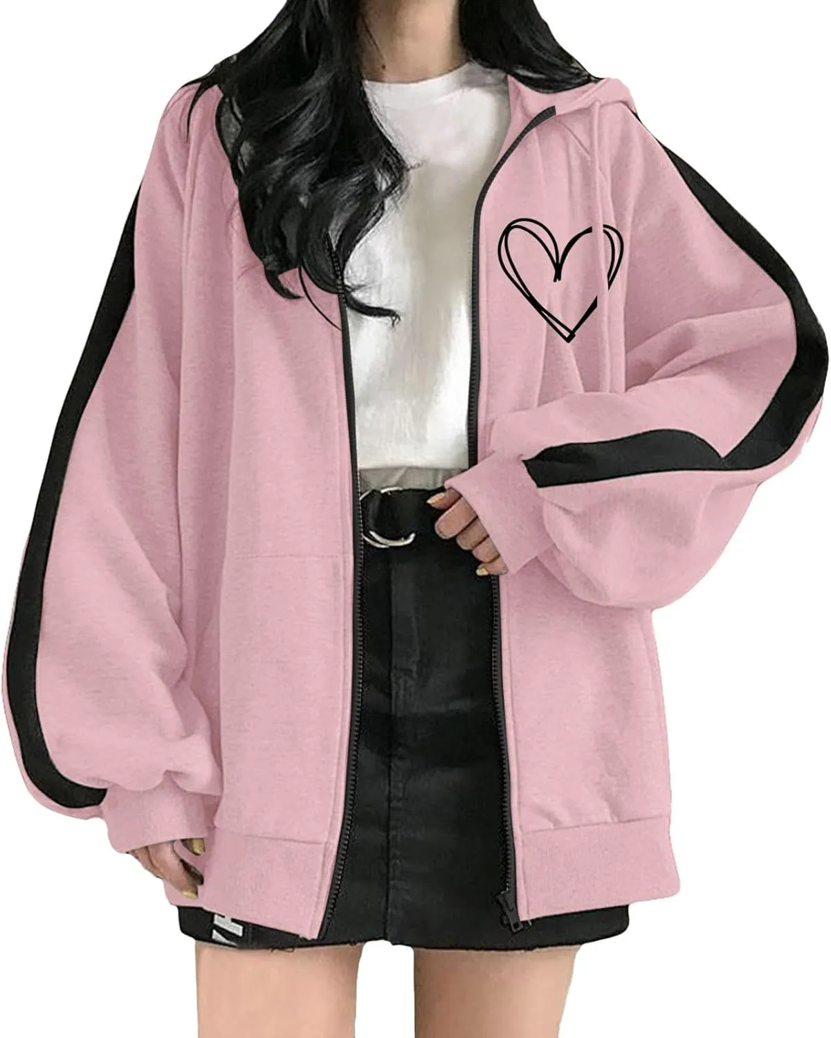 Oversized Sweatshirt For Women Trendy Zip Up Hoodies Women Oversized Heart Graphic Long Sleeve Drawstring Pocket Jacket Casual Fashion Sweatshirts Pink Medium