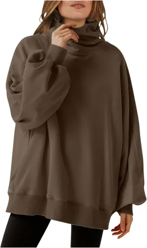 Oversized Sweatshirt For Women Turtleneck Lantern Sleeve Pullover Tops Fleece Soft Sweatshirts With Pockets 2024 Trendy