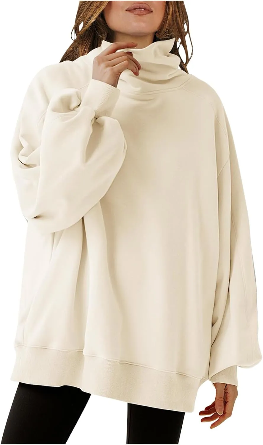 Oversized Sweatshirt For Women Turtleneck Lantern Sleeve Pullover Tops Fleece Soft Sweatshirts With Pockets 2024 Trendy