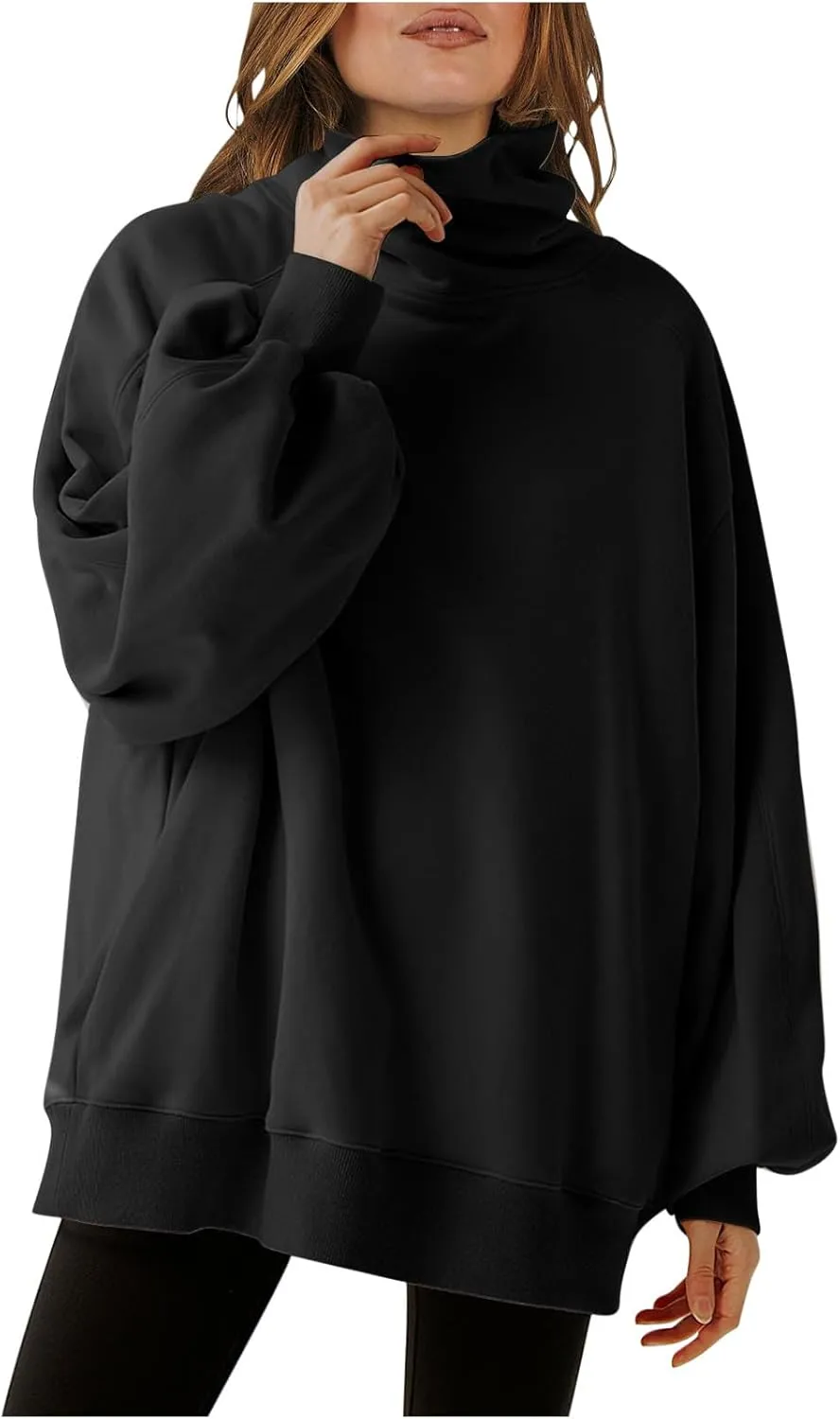 Oversized Sweatshirt For Women Turtleneck Lantern Sleeve Pullover Tops Fleece Soft Sweatshirts With Pockets 2024 Trendy