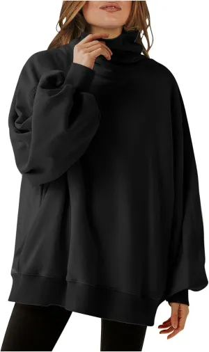 Oversized Sweatshirt For Women Turtleneck Lantern Sleeve Pullover Tops Fleece Soft Sweatshirts With Pockets 2024 Trendy