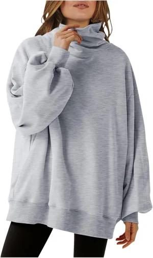 Oversized Sweatshirt For Women Turtleneck Lantern Sleeve Pullover Tops Fleece Soft Sweatshirts With Pockets 2024 Trendy