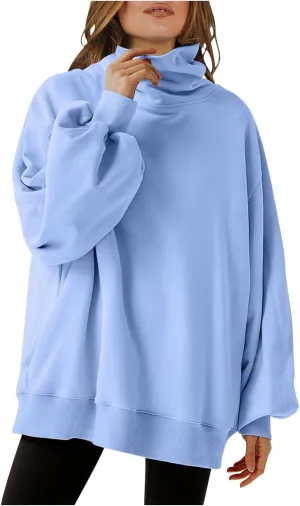 Oversized Sweatshirt For Women Turtleneck Lantern Sleeve Pullover Tops Fleece Soft Sweatshirts With Pockets 2024 Trendy