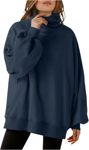Oversized Sweatshirt For Women Turtleneck Lantern Sleeve Pullover Tops Fleece Soft Sweatshirts With Pockets 2024 Trendy