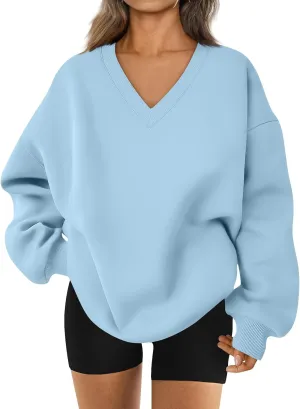 Oversized V Neck Sweatshirt Women Cozy Long Sleeve Fleece Hoodies Pullover Casual Sweat Shirts Cute Winter Outfits