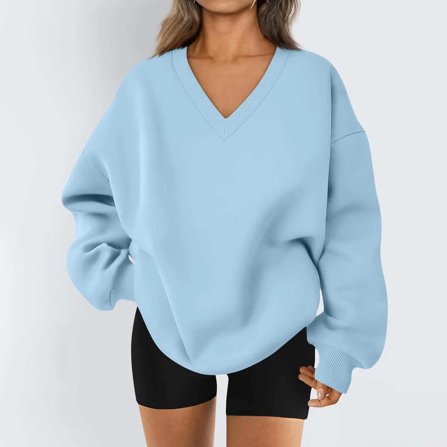 Oversized V Neck Sweatshirt Women Cozy Long Sleeve Fleece Hoodies Pullover Casual Sweat Shirts Cute Winter Outfits