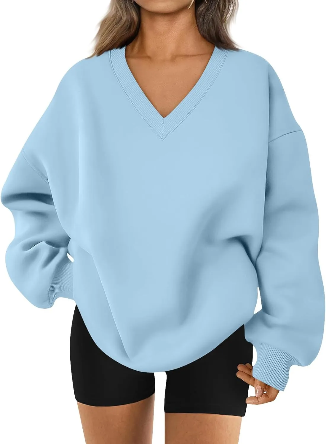 Oversized V Neck Sweatshirt Women Cozy Long Sleeve Fleece Hoodies Pullover Casual Sweat Shirts Cute Winter Outfits