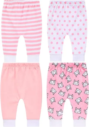 Pack of 4 Baby Jogger Pants - Soft Cotton Pants for Boys and Girls - Unisex Cute Color Designs for Infants