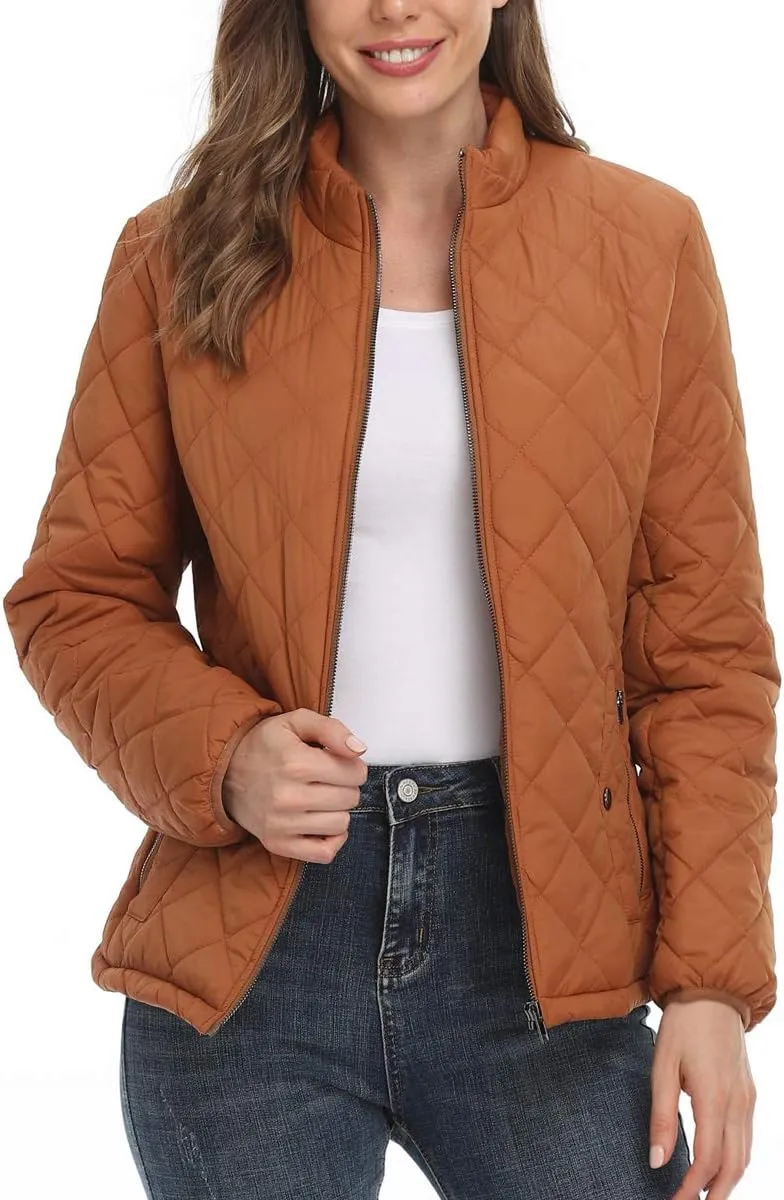 PEIQI Women's Quilted Jacket Coat Outwear Puffer Zip-up Stand Collar Padded Jacket with Pockets