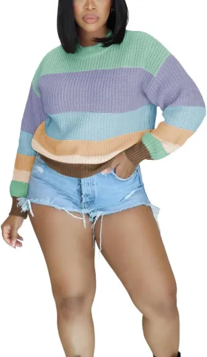 PINSV Women's Color Block Knit Sweaters Casual Crewneck Long Sleeve Loose Fit Pullover Sweater Tops