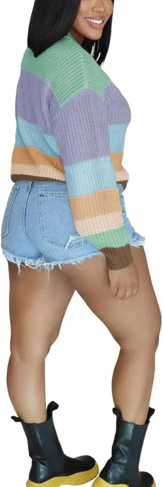 PINSV Women's Color Block Knit Sweaters Casual Crewneck Long Sleeve Loose Fit Pullover Sweater Tops