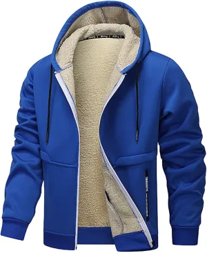 Plush Hooded Jacket Coat for Men Thickened Warm Zipper Drawstring Long Sleeve Coat Casual Soft Jacket with Pockets