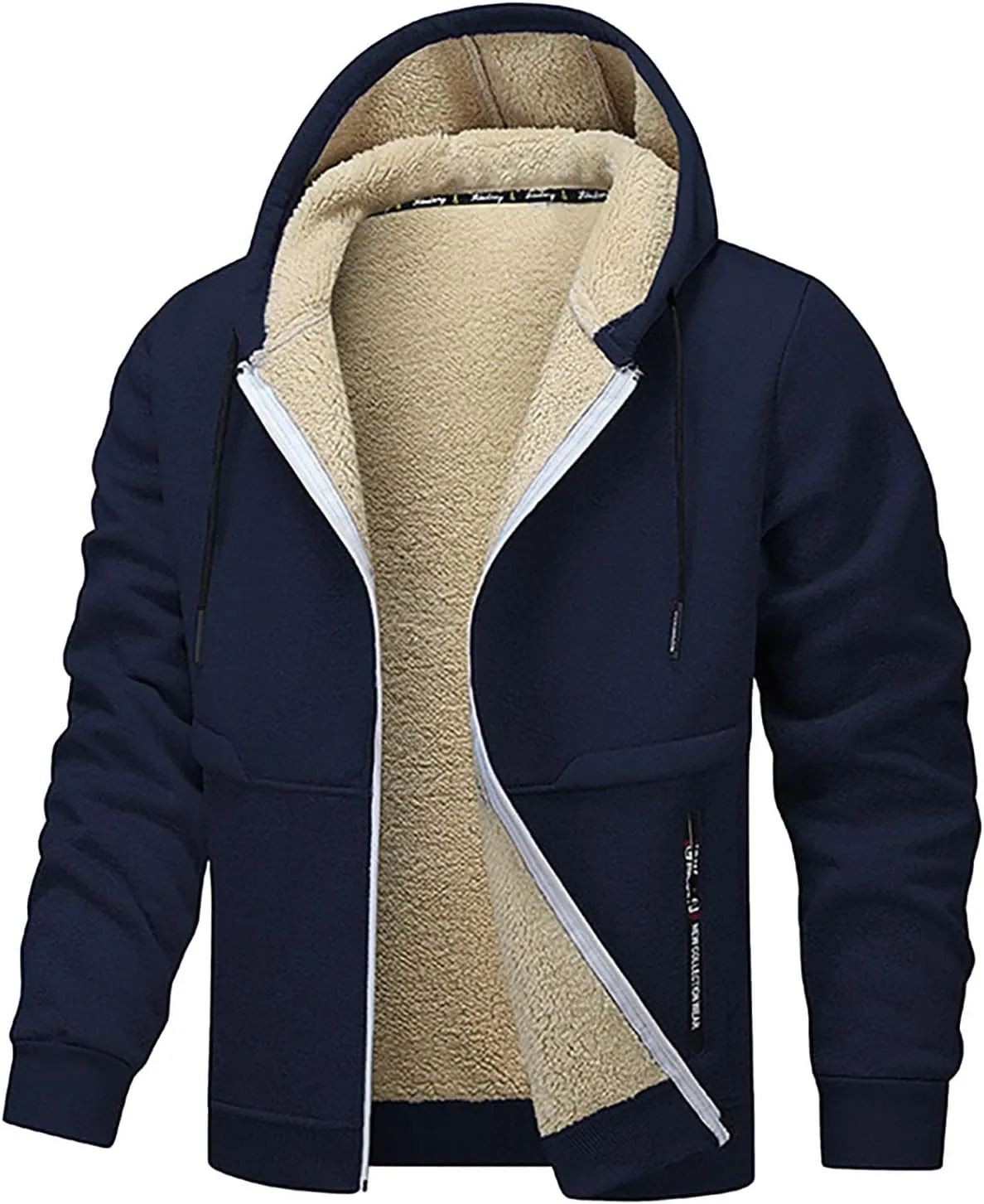 Plush Hooded Jacket Coat for Men Thickened Warm Zipper Drawstring Long Sleeve Coat Casual Soft Jacket with Pockets
