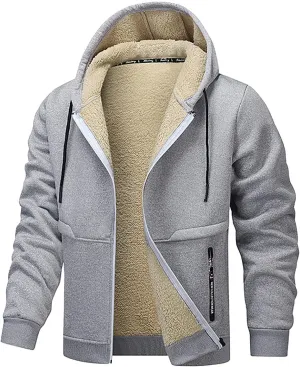 Plush Hooded Jacket Coat for Men Thickened Warm Zipper Drawstring Long Sleeve Coat Casual Soft Jacket with Pockets