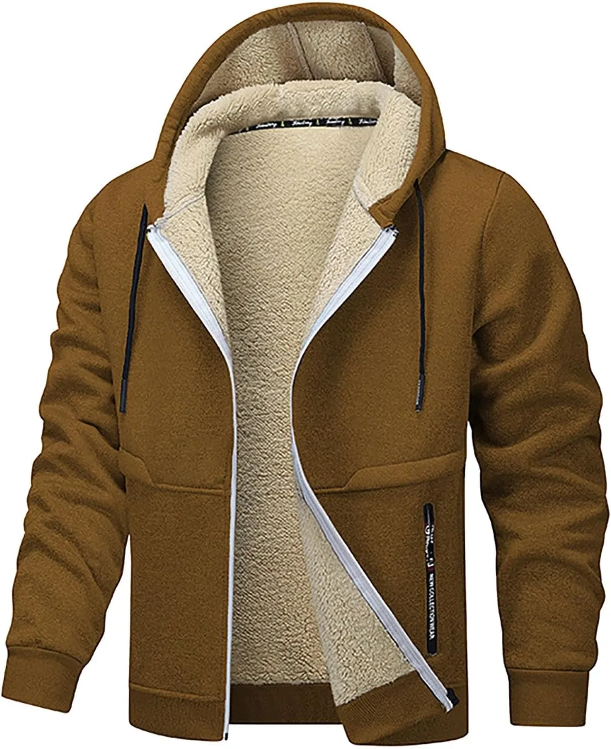 Plush Hooded Jacket Coat for Men Thickened Warm Zipper Drawstring Long Sleeve Coat Casual Soft Jacket with Pockets