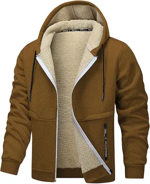 Plush Hooded Jacket Coat for Men Thickened Warm Zipper Drawstring Long Sleeve Coat Casual Soft Jacket with Pockets
