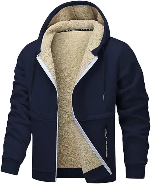 Plush Hooded Jacket Coat for Men Thickened Warm Zipper Drawstring Long Sleeve Coat Casual Soft Jacket with Pockets