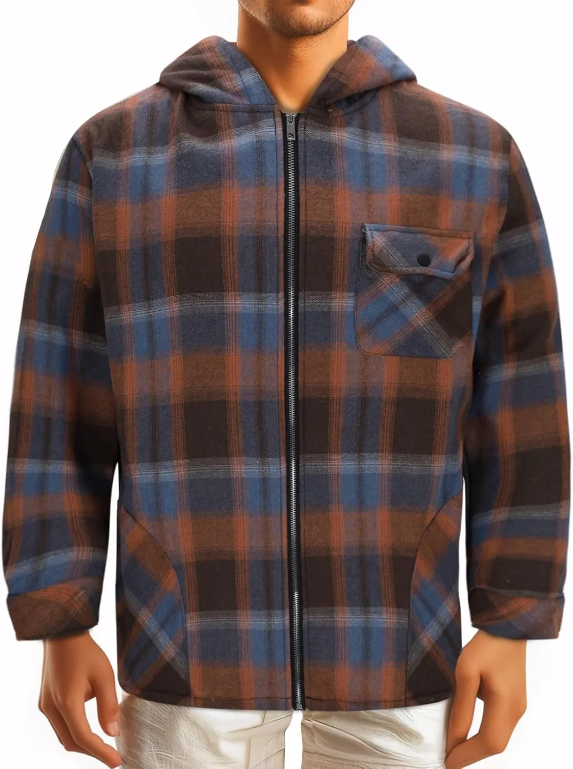 Plush Hooded Jacket for Men Plaid Print Zipper Shirt Jacket Casual Fashion Warm Coat Outerwear with Pockets