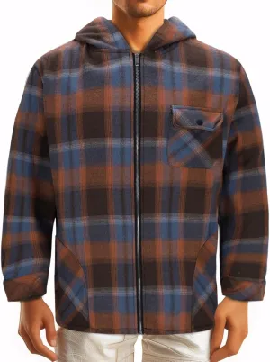 Plush Hooded Jacket for Men Plaid Print Zipper Shirt Jacket Casual Fashion Warm Coat Outerwear with Pockets
