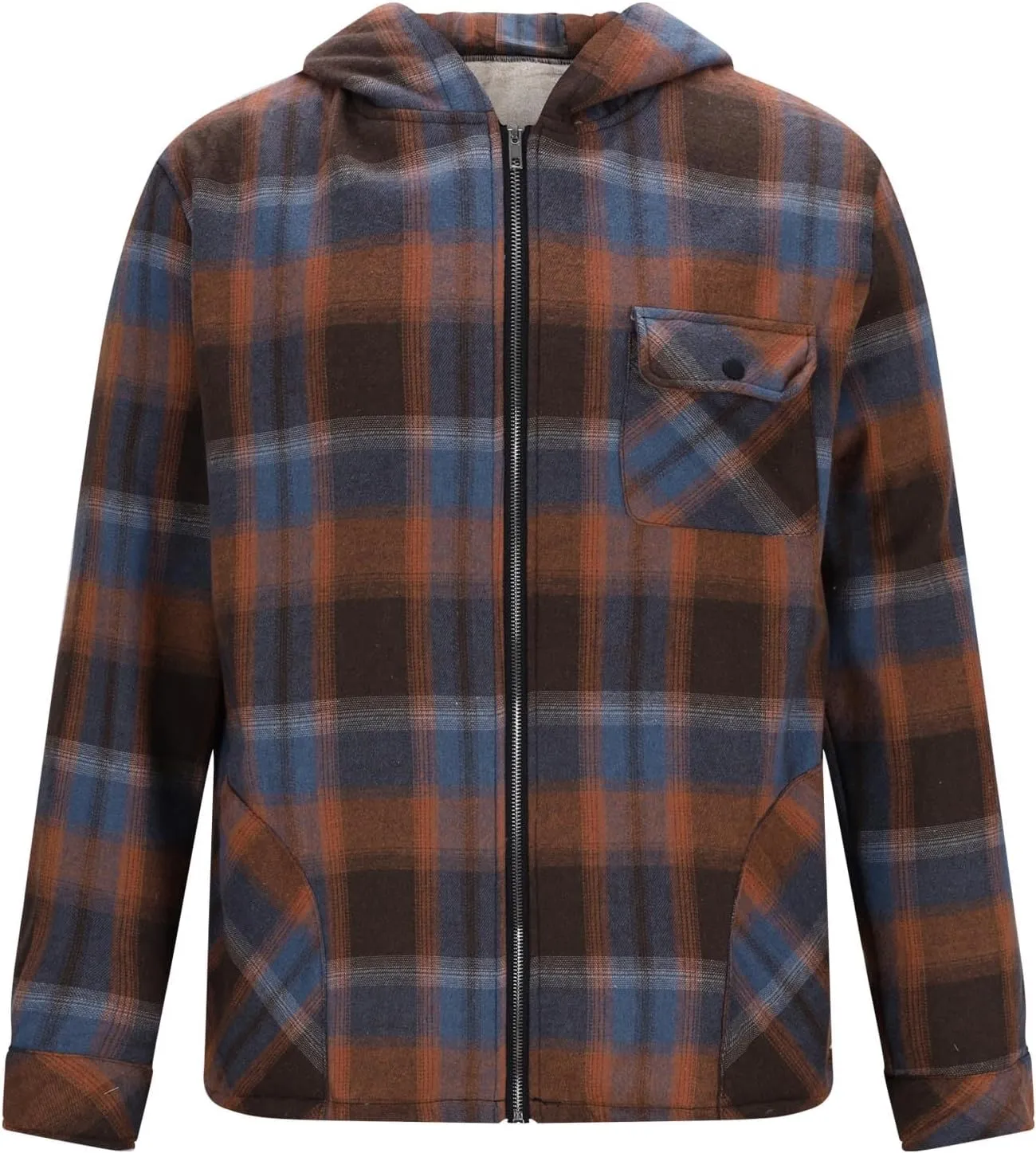 Plush Hooded Jacket for Men Plaid Print Zipper Shirt Jacket Casual Fashion Warm Coat Outerwear with Pockets