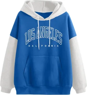 POTTON Los Angeles California Letter Print Graphic Blue Women Oversized Hoodies Soft Sweatshirts for Women Hooded Casual Blue