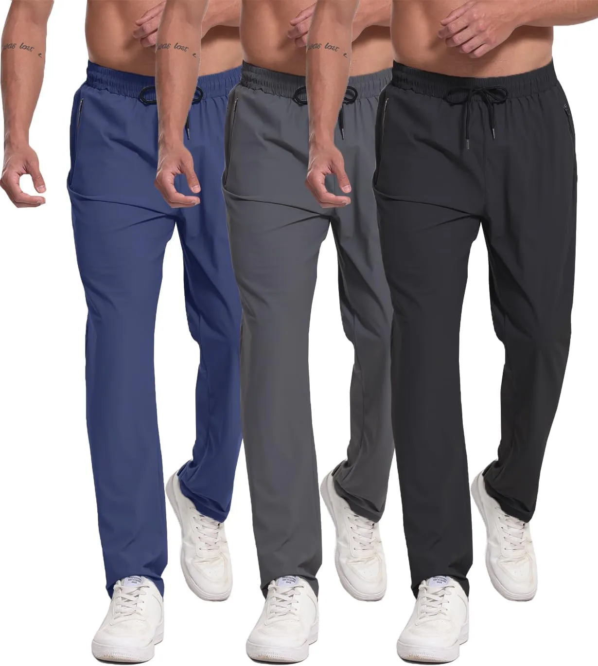 RPOVIG 3 Pack Men's Athletic Sweatpants with Zipper Pockets Workout Gym Running Hiking Active Cooling Stretch Joggers Pants