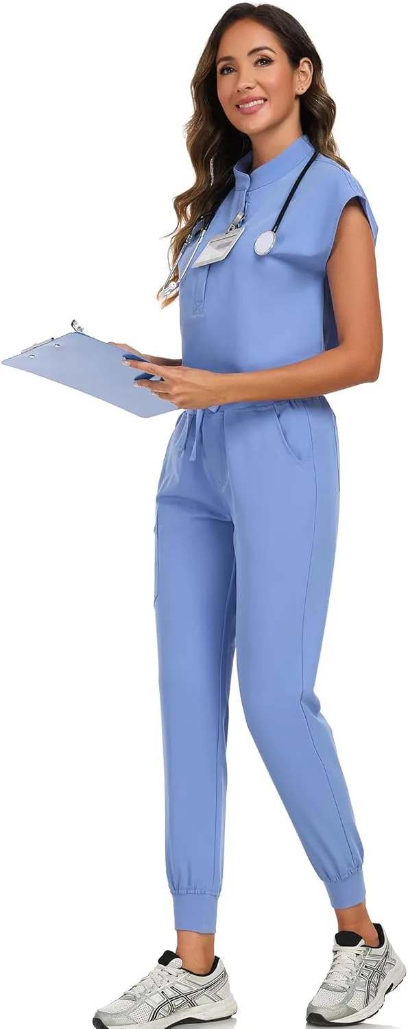 Scrub Pants for Women Four Way Stretch Joggers High Rise Zipper Cargo Pants with 5 Pockets
