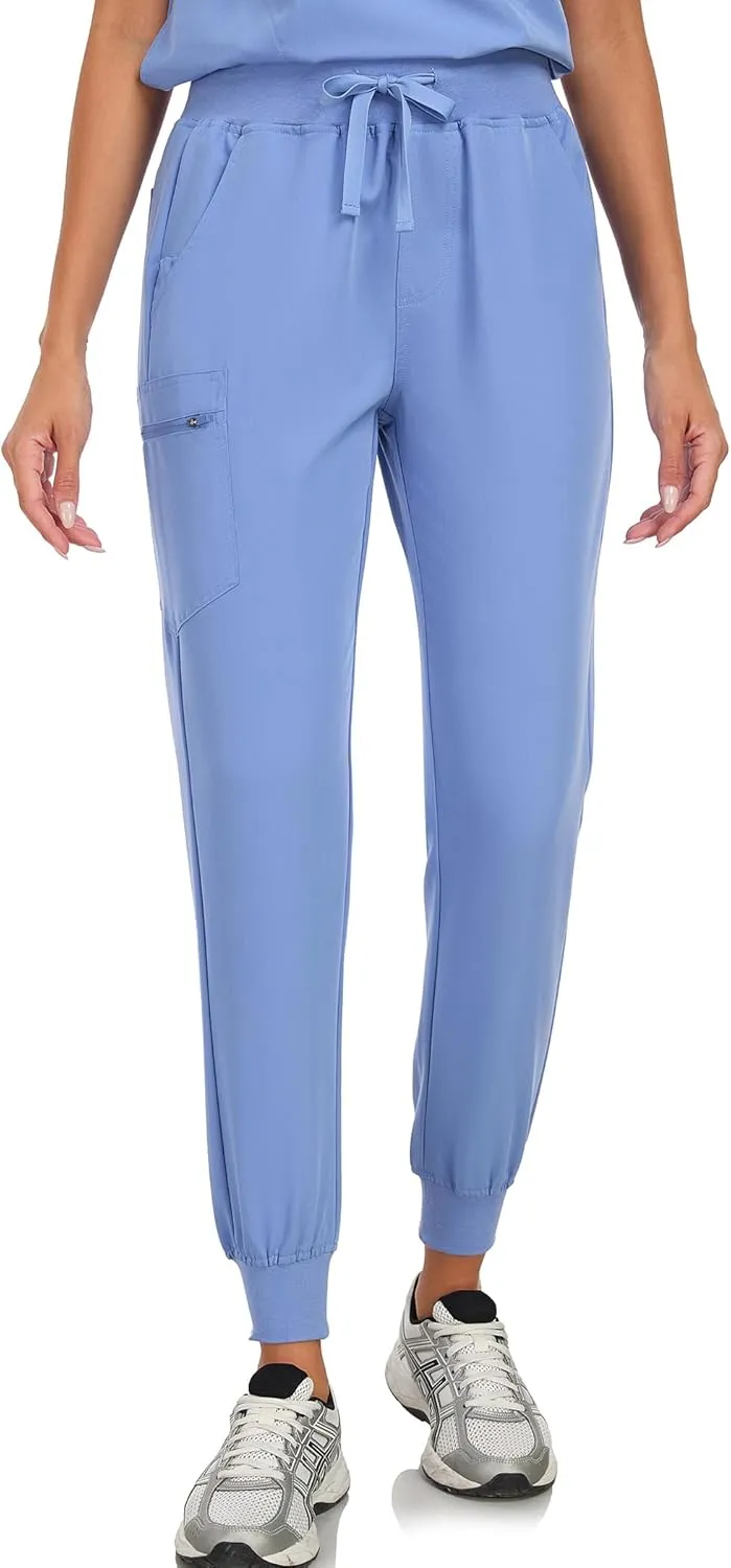 Scrub Pants for Women Four Way Stretch Joggers High Rise Zipper Cargo Pants with 5 Pockets