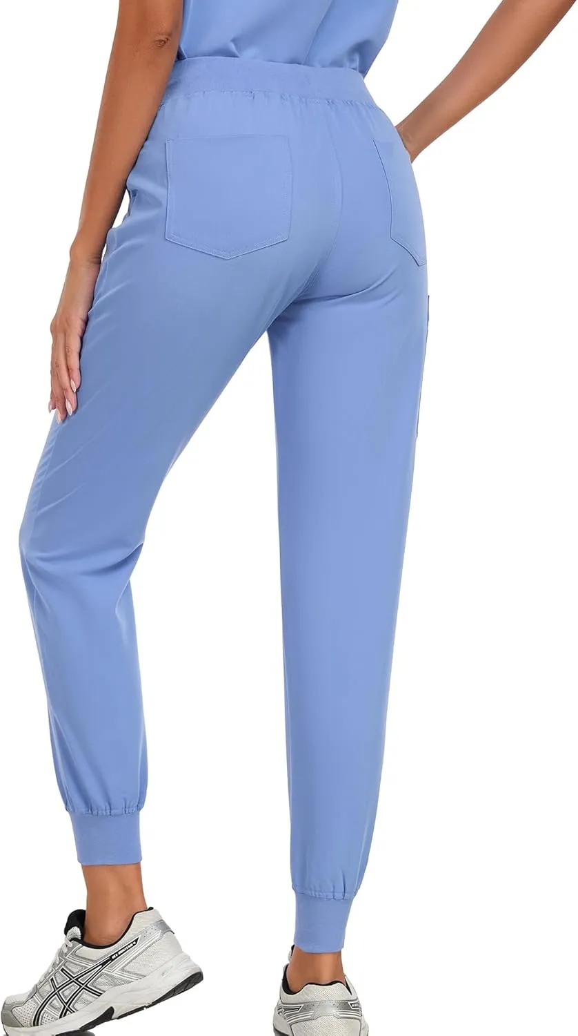 Scrub Pants for Women Four Way Stretch Joggers High Rise Zipper Cargo Pants with 5 Pockets