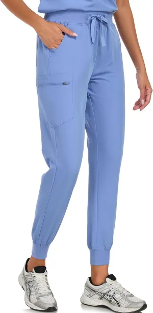 Scrub Pants for Women Four Way Stretch Joggers High Rise Zipper Cargo Pants with 5 Pockets