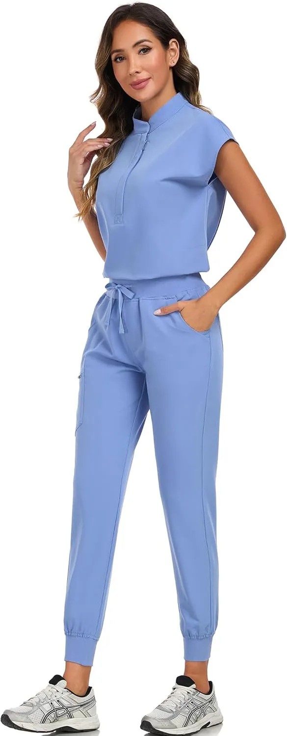 Scrub Pants for Women Four Way Stretch Joggers High Rise Zipper Cargo Pants with 5 Pockets