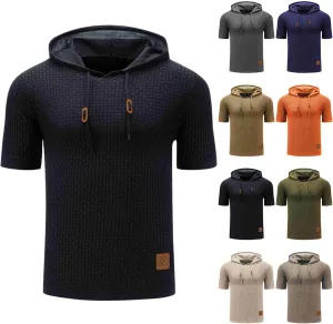 Short Sleeve Waffle Hoodies for Men Knitted Pullover Sweater Breathable Shirts Summer Tops Soft Cmofy Fashion Clothes