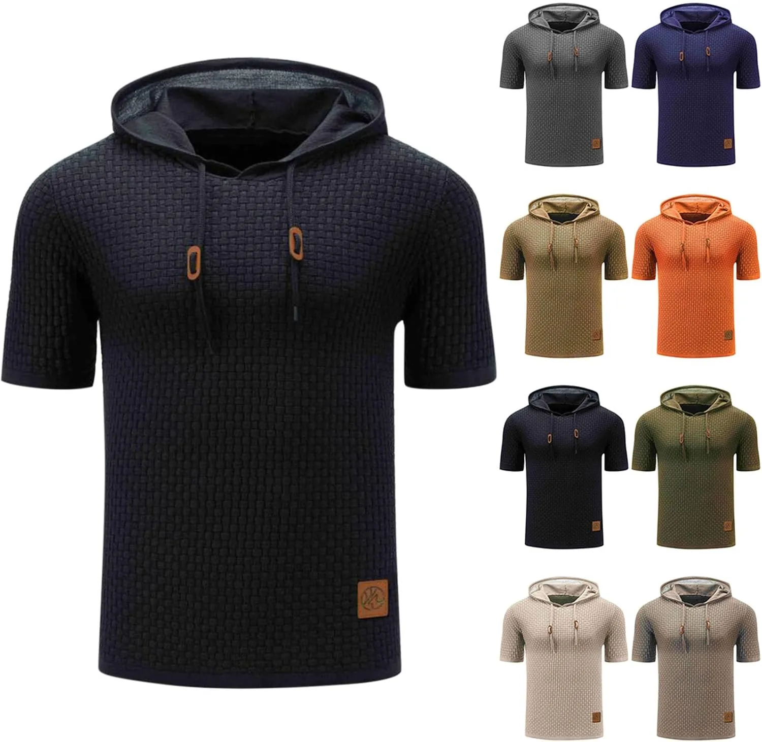 Short Sleeve Waffle Hoodies for Men Knitted Pullover Sweater Breathable Shirts Summer Tops Soft Cmofy Fashion Clothes