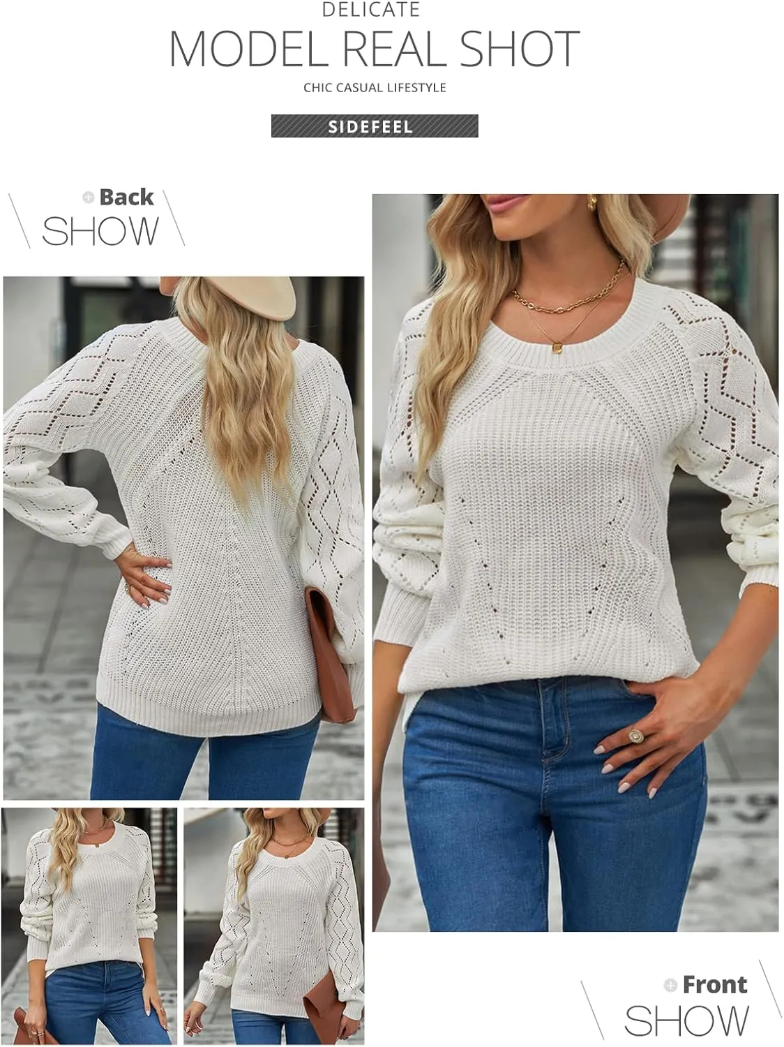 Sidefeel Women's Crewneck Hollow Out Crochet Tops Long Sleeve Knit Sweaters Pullover Fall Fashion