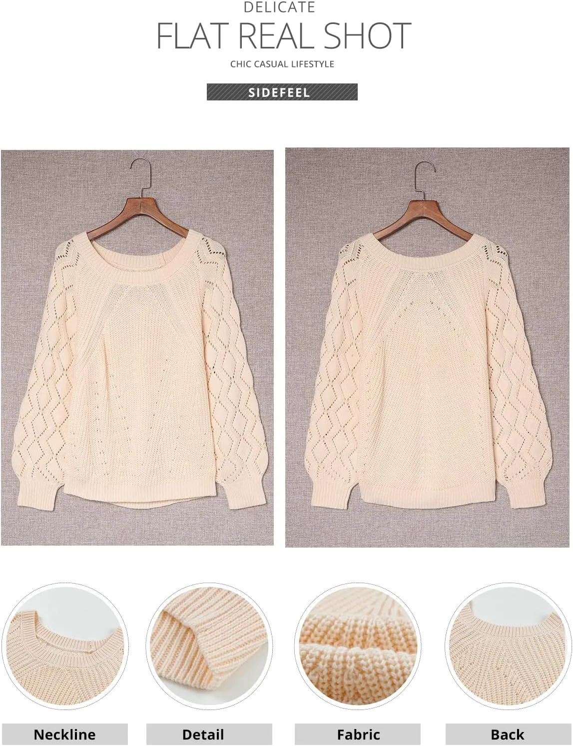 Sidefeel Women's Crewneck Hollow Out Crochet Tops Long Sleeve Knit Sweaters Pullover Fall Fashion