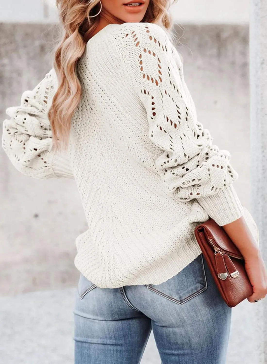 Sidefeel Women's Crewneck Hollow Out Crochet Tops Long Sleeve Knit Sweaters Pullover Fall Fashion