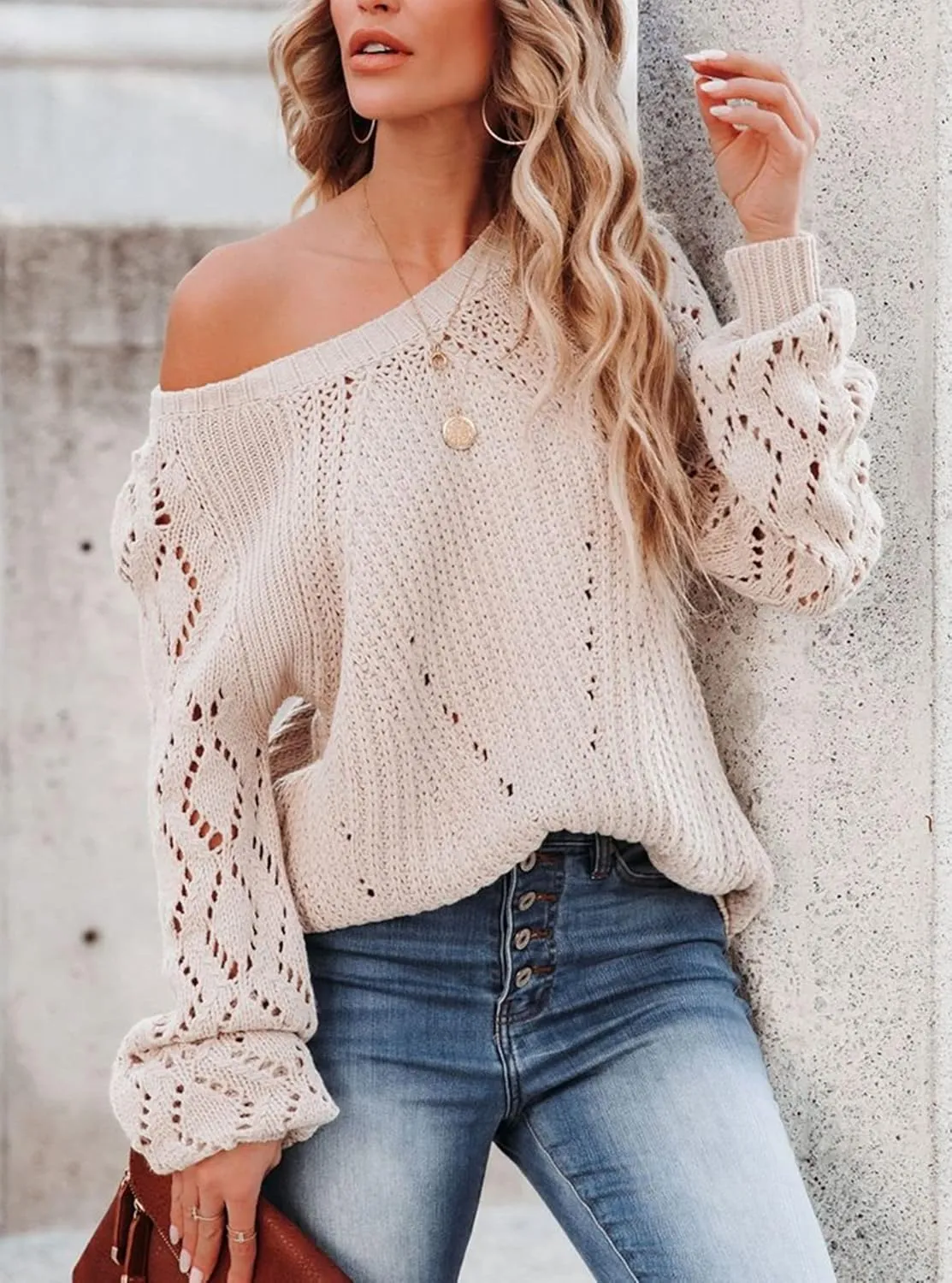 Sidefeel Women's Crewneck Hollow Out Crochet Tops Long Sleeve Knit Sweaters Pullover Fall Fashion