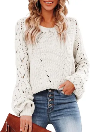 Sidefeel Women's Crewneck Hollow Out Crochet Tops Long Sleeve Knit Sweaters Pullover Fall Fashion