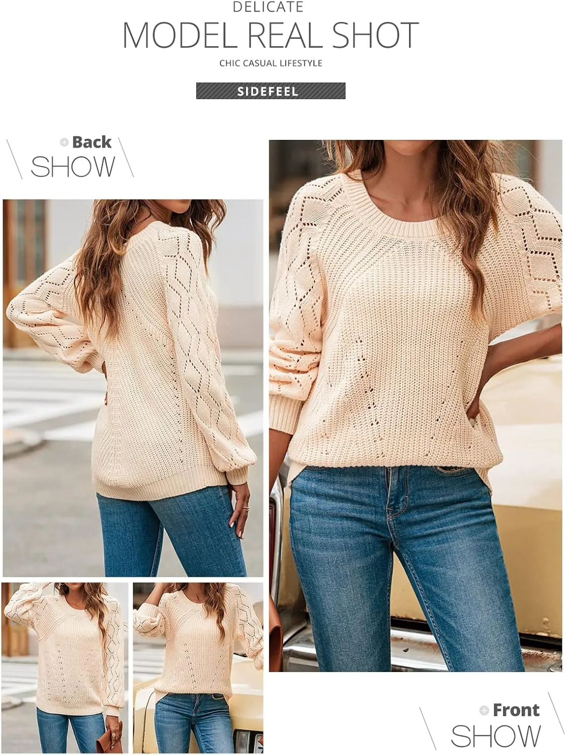 Sidefeel Women's Crewneck Hollow Out Crochet Tops Long Sleeve Knit Sweaters Pullover Fall Fashion