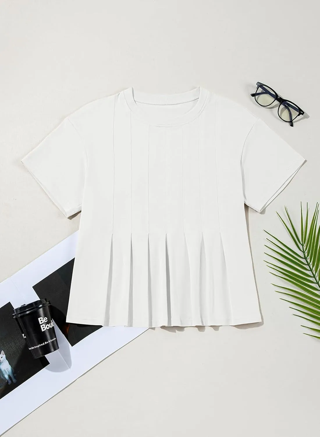 Sidefeel Womens Short Sleeve Casual Basic T Shirts Summer Round Neck Pleated Tee Tops Blouses