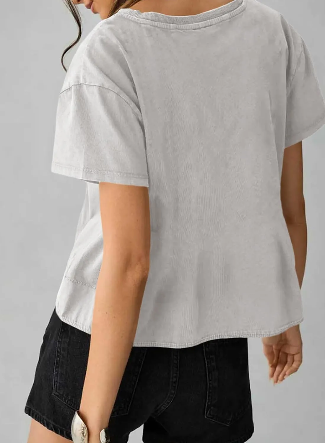 Sidefeel Womens Short Sleeve Casual Basic T Shirts Summer Round Neck Pleated Tee Tops Blouses