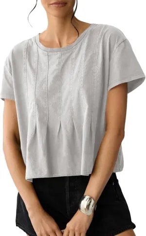 Sidefeel Womens Short Sleeve Casual Basic T Shirts Summer Round Neck Pleated Tee Tops Blouses