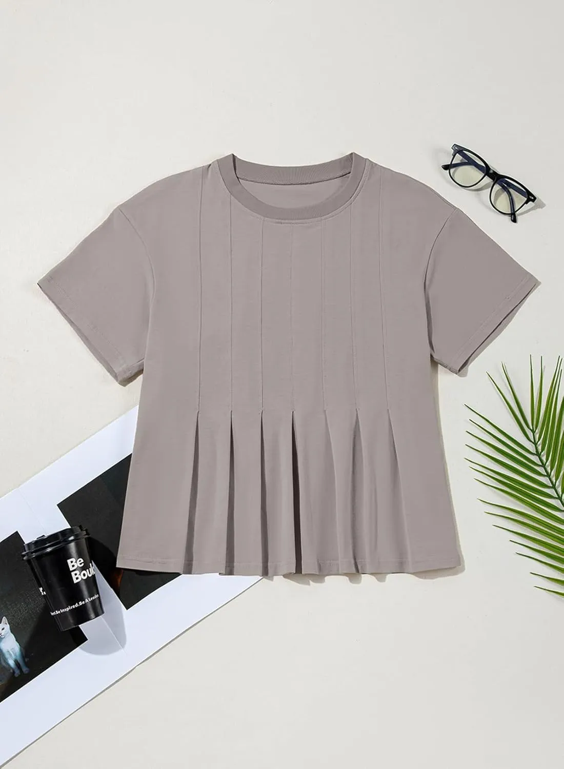 Sidefeel Womens Short Sleeve Casual Basic T Shirts Summer Round Neck Pleated Tee Tops Blouses