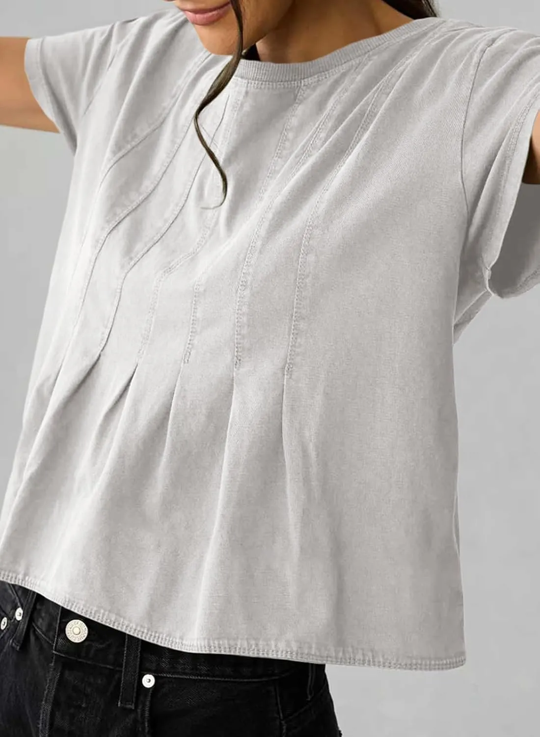 Sidefeel Womens Short Sleeve Casual Basic T Shirts Summer Round Neck Pleated Tee Tops Blouses