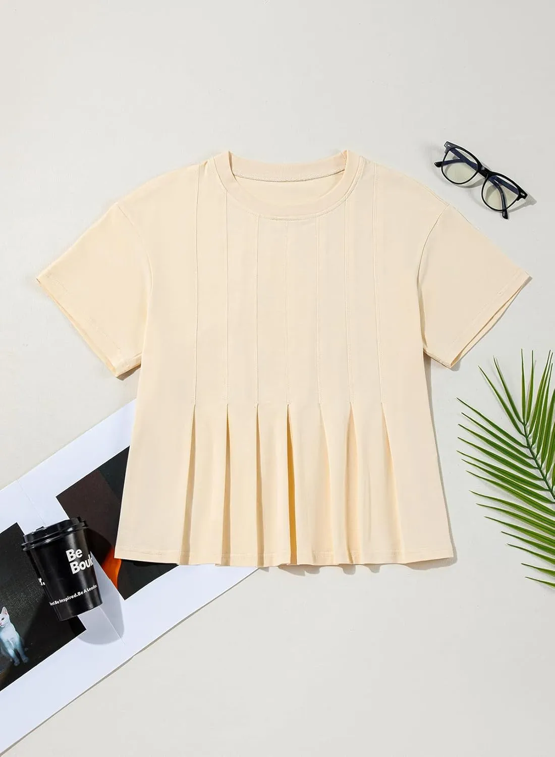 Sidefeel Womens Short Sleeve Casual Basic T Shirts Summer Round Neck Pleated Tee Tops Blouses
