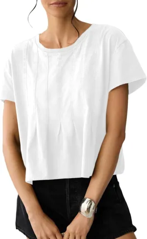Sidefeel Womens Short Sleeve Casual Basic T Shirts Summer Round Neck Pleated Tee Tops Blouses