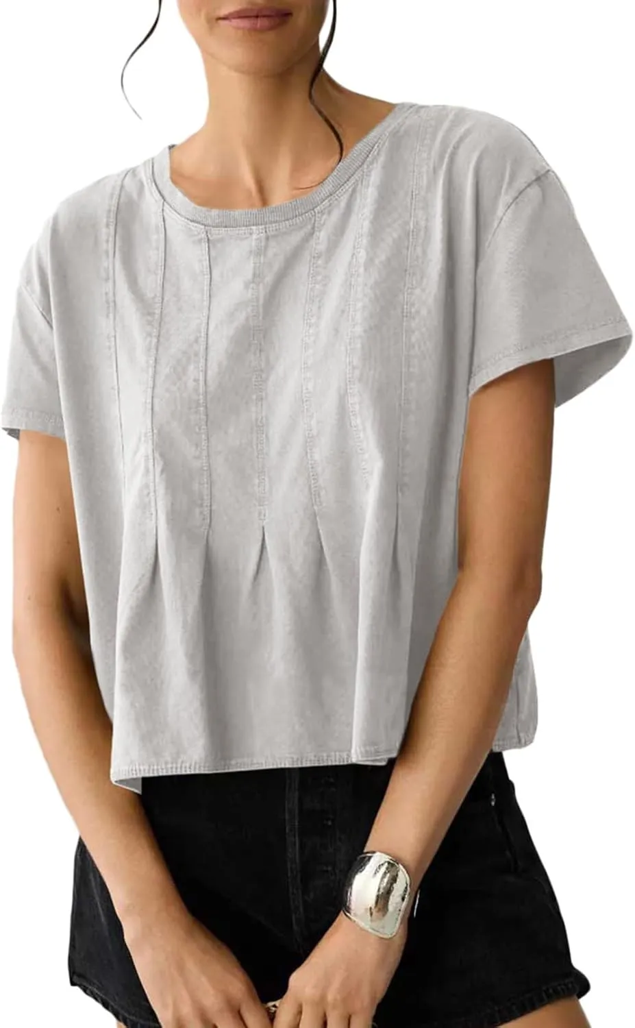 Sidefeel Womens Short Sleeve Casual Basic T Shirts Summer Round Neck Pleated Tee Tops Blouses
