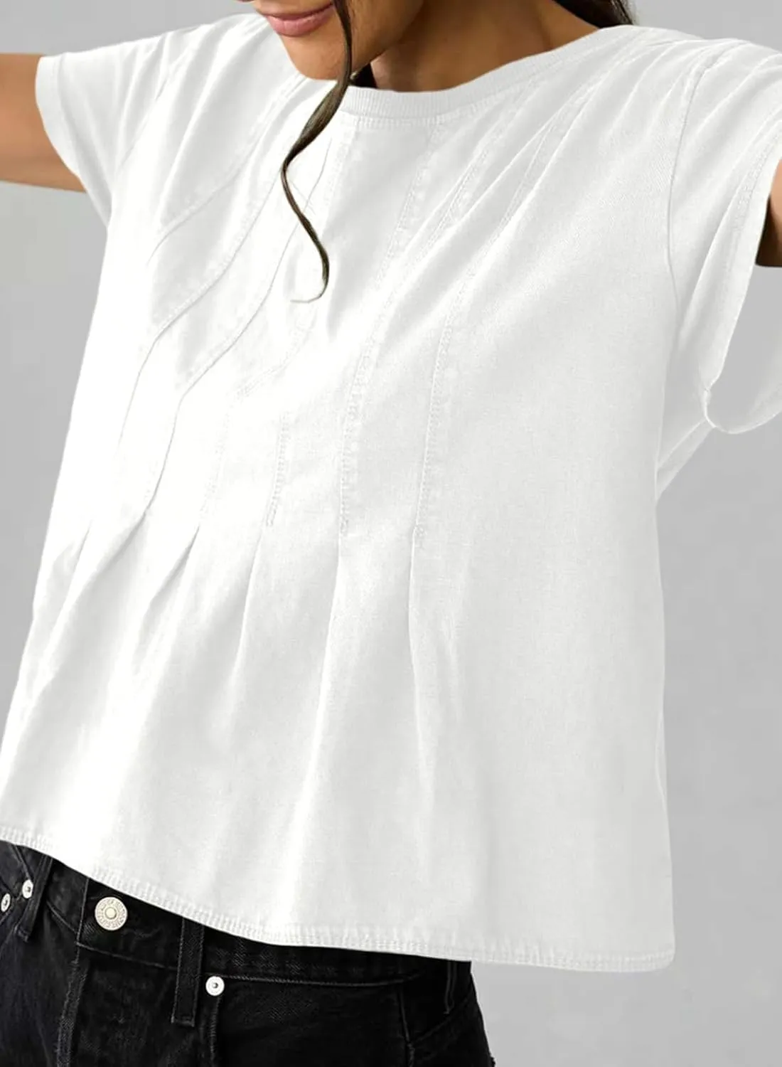 Sidefeel Womens Short Sleeve Casual Basic T Shirts Summer Round Neck Pleated Tee Tops Blouses