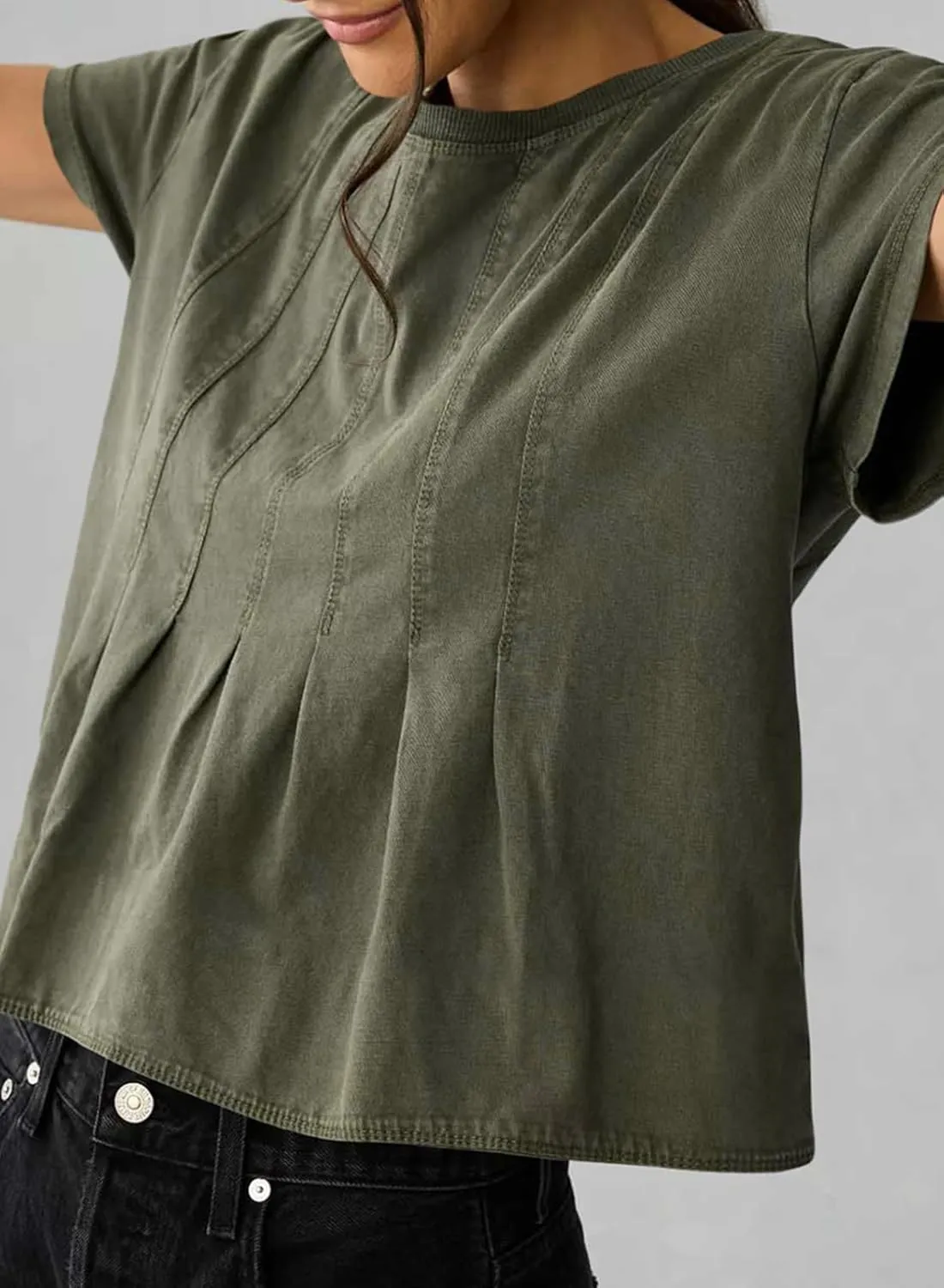 Sidefeel Womens Short Sleeve Casual Basic T Shirts Summer Round Neck Pleated Tee Tops Blouses