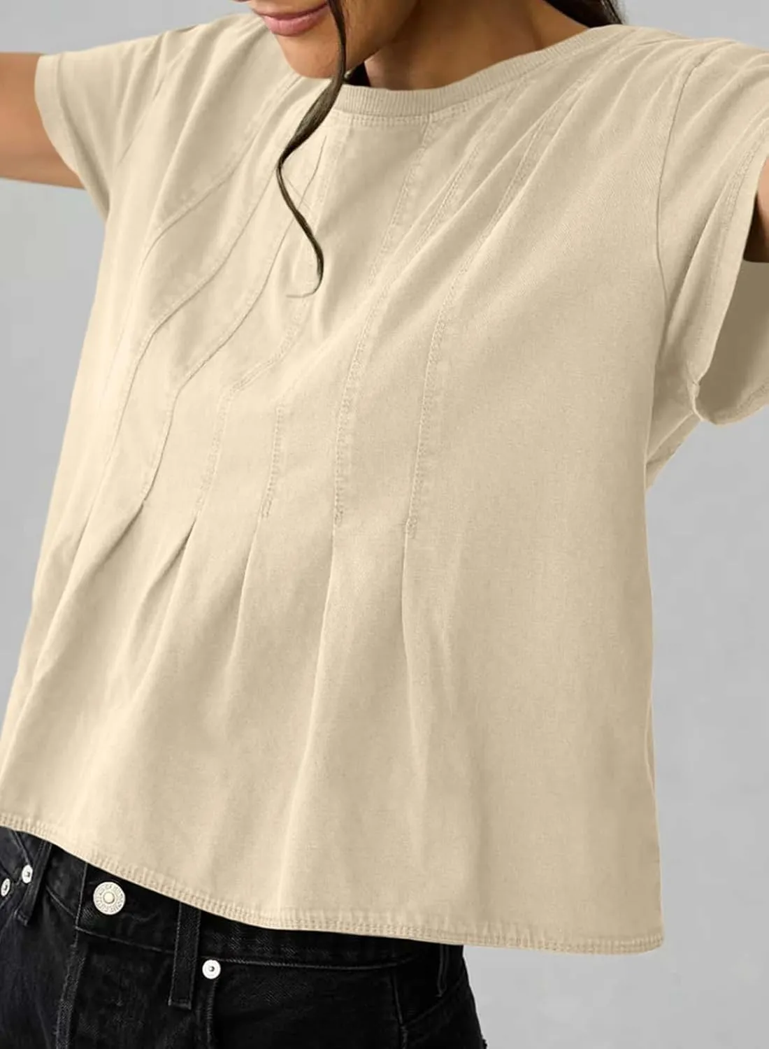 Sidefeel Womens Short Sleeve Casual Basic T Shirts Summer Round Neck Pleated Tee Tops Blouses
